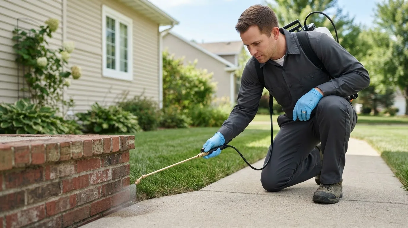 Pest control technician treating a home near Whittington, IL