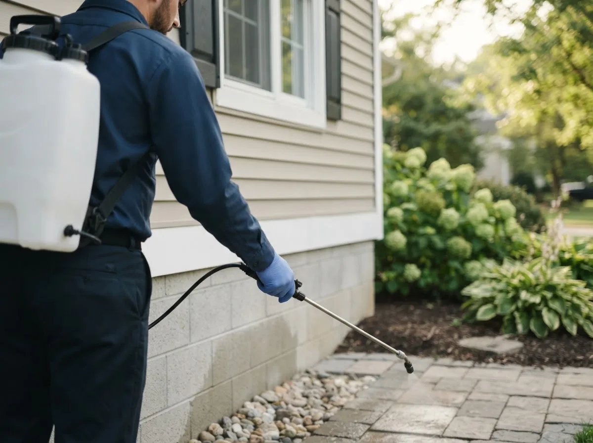 Pest control technician inspecting a home in Whittington, IL